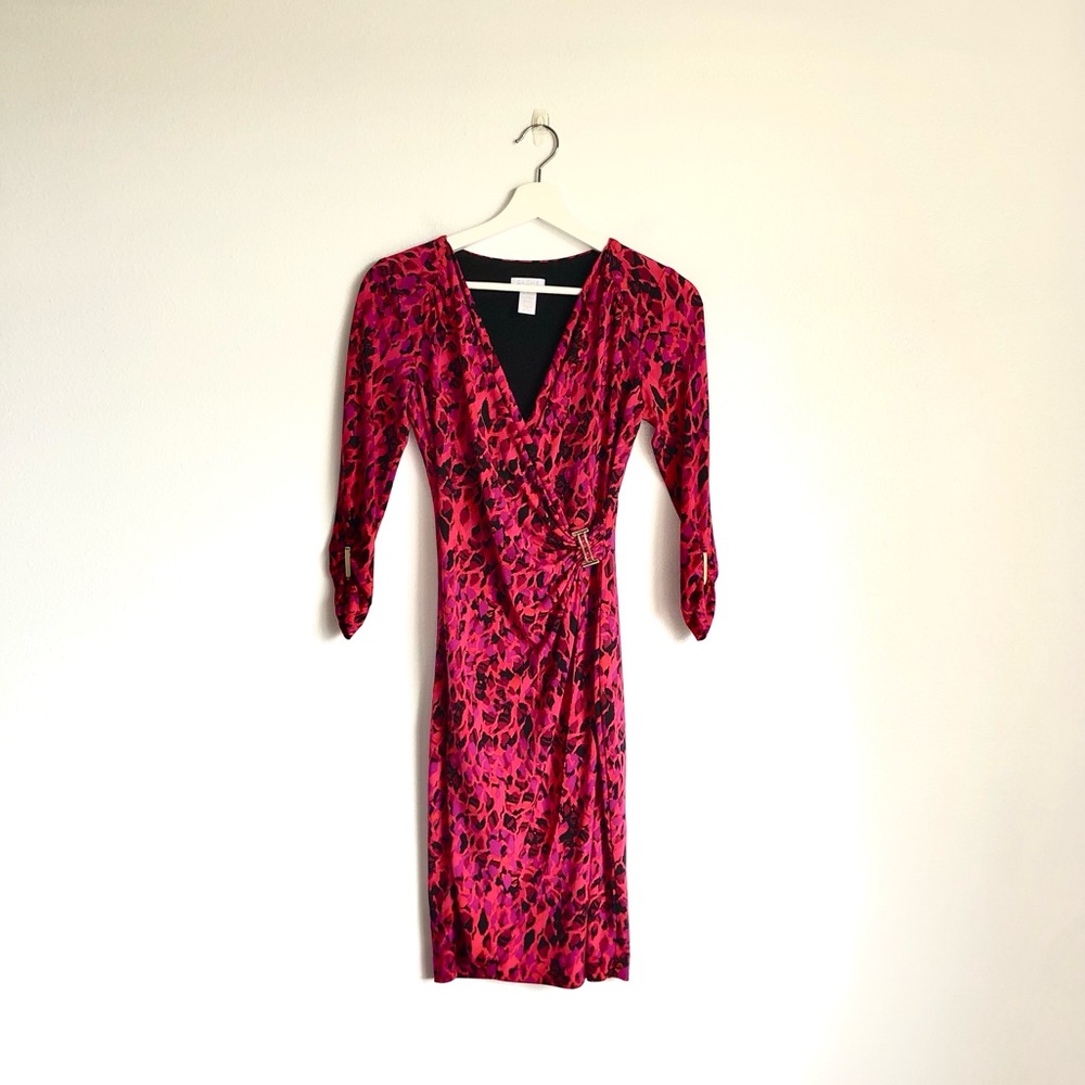Cache Hot Pink / Purple Animal Print Gold Hardware Faux Wrap Dress Size XS